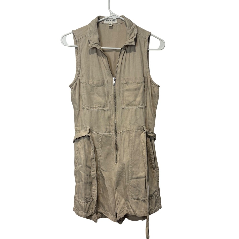 Cloth & Stone Utility Romper Womens XS Khaki Tan Sleeveless Zip Front Tie Waist